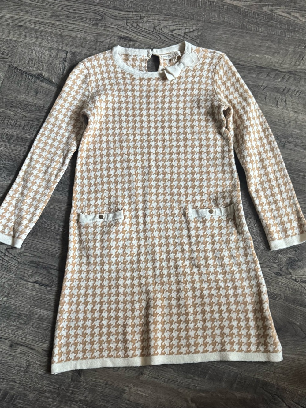 Hope & Henry Girls Size 8 Houndstooth Knit Dress Beige/White Long Sleeve